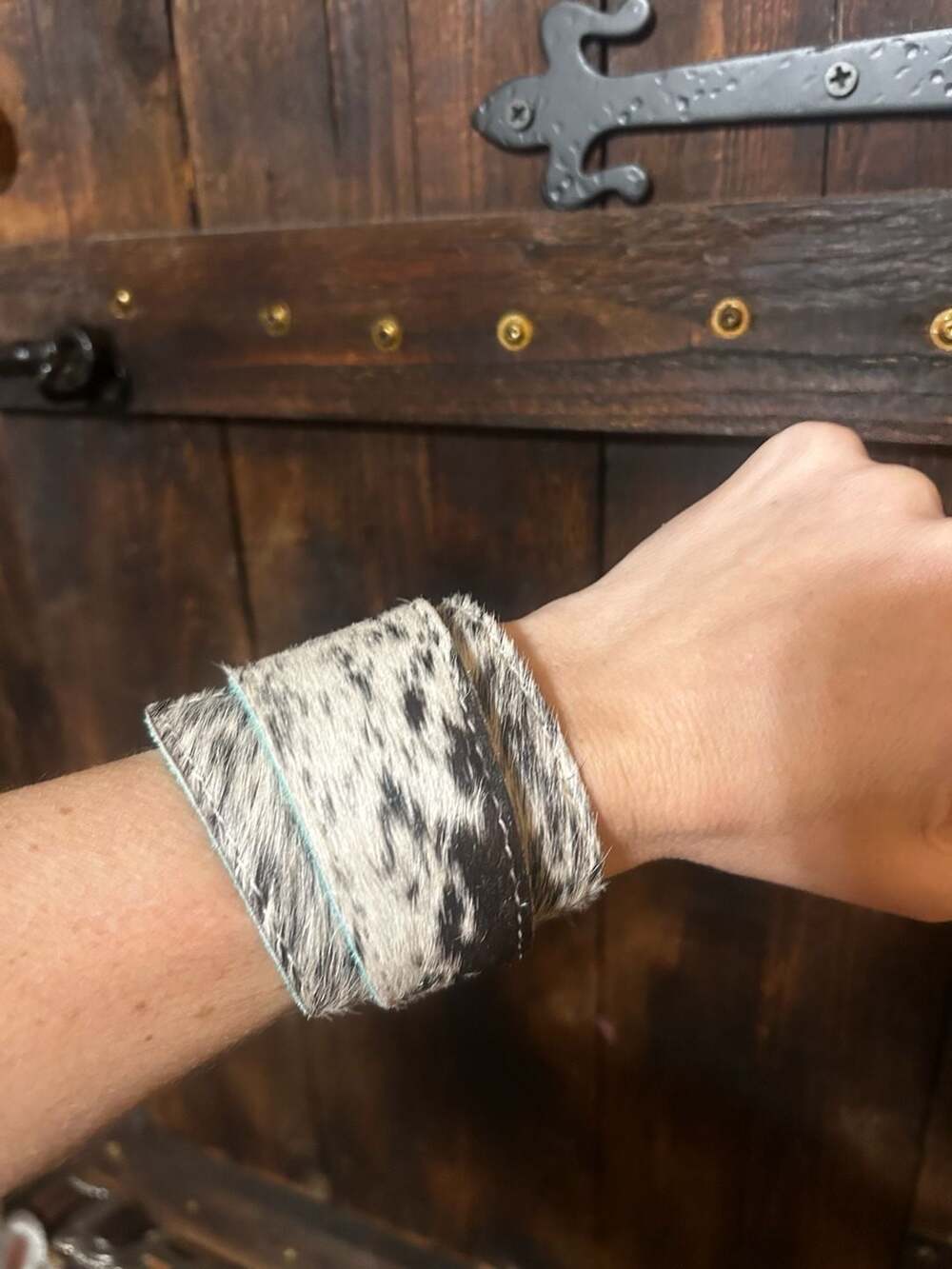 Hair on Hide Wrap Around Leather Cuff Bracelet, Brindle Cowhide, Western Jewelry